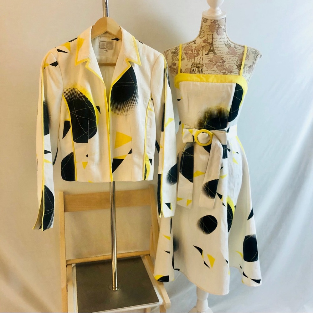 Vintage 90s Alberto Makali Dress and Jacket White Black Yellow Print Size 4 & 6